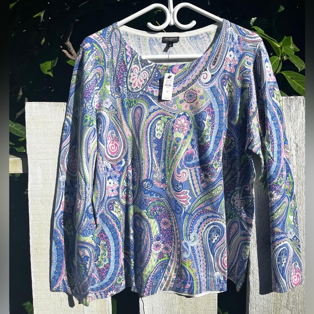 New Talbots Blue Multi Paisley Long Sleeve Scoop Neck Top